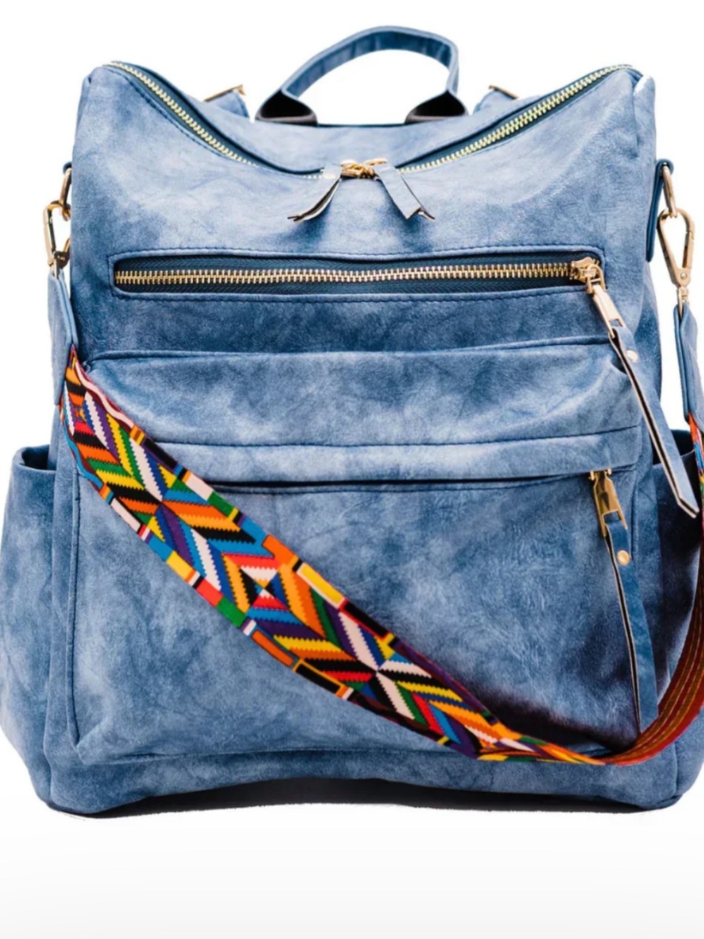 Dusty Blue heritage Vegan Leather Backpack with guitar  Colorful Strap